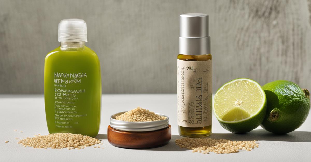 Artystyczna kompozycja z naturalnych składników kremu Face Boom, takich jak korzeń ashwagandhy, nasiona konopi, plasterek limonki i olejek.