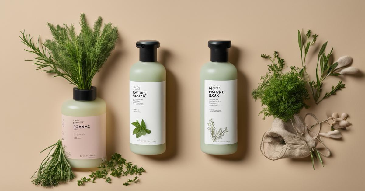Zdjęcie butelek szamponu Nature Box z elementami roślinnymi na jasnym tle.