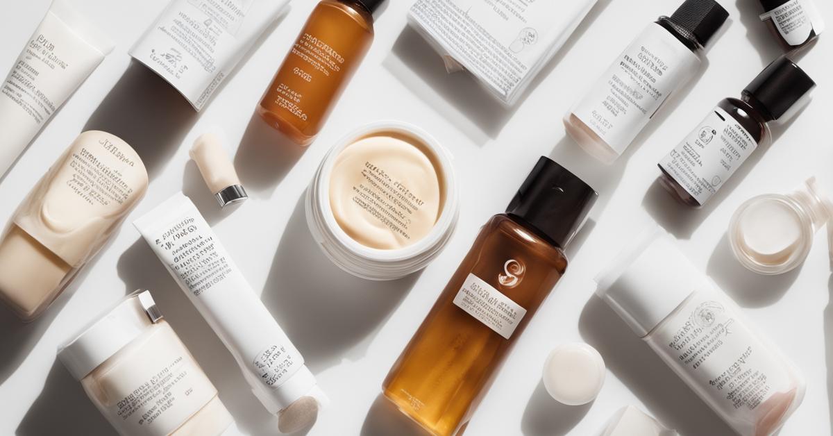Kompozycja różnych produktów kosmetycznych, m.in. kremów i serum, z widocznym napisem „Retinyl Palmitate” na opakowaniach.