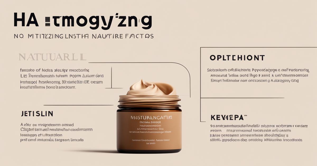 Minimalistyczna infografika przedstawiająca listę kluczowych składników kremu The Ordinary Natural Moisturizing Factors + HA z słoiczkiem produktu w tle.