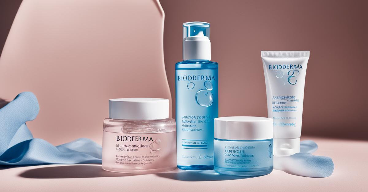 Kompozycja produktów Bioderma Hydrabio: serum, woda micelarna Hydrabio H2O i krem, ułożone na jasnej, odbijającej światło powierzchni.