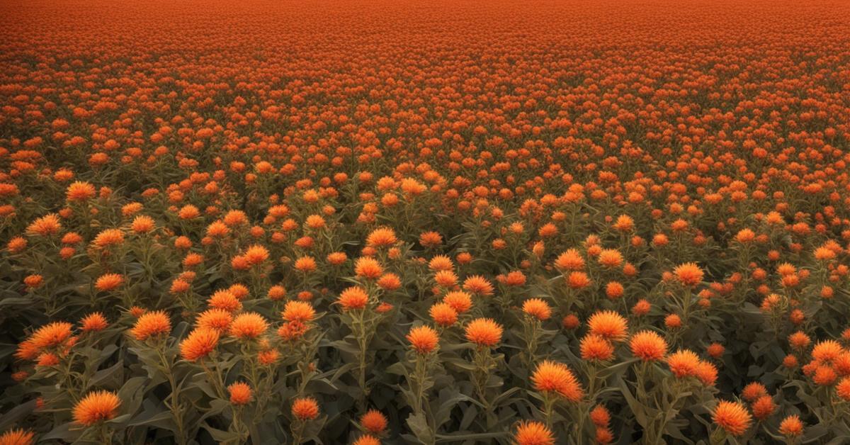 Fotografia pola krokosza barwierskiego w pełnym rozkwicie, ukazująca rośliny w naturalnym środowisku.