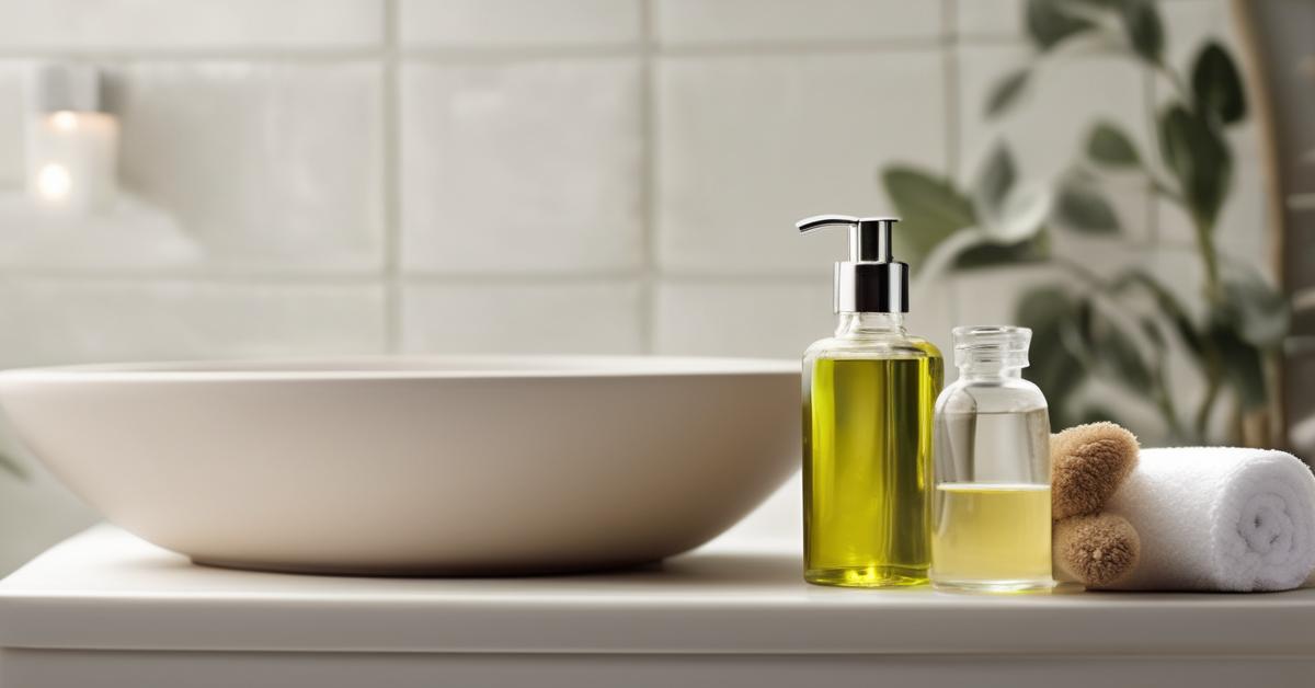 Zestaw do domowego spa: butelka oliwy z oliwek, miseczka z solą morską i szczotka do masażu na miękkim ręczniku w relaksującej atmosferze.