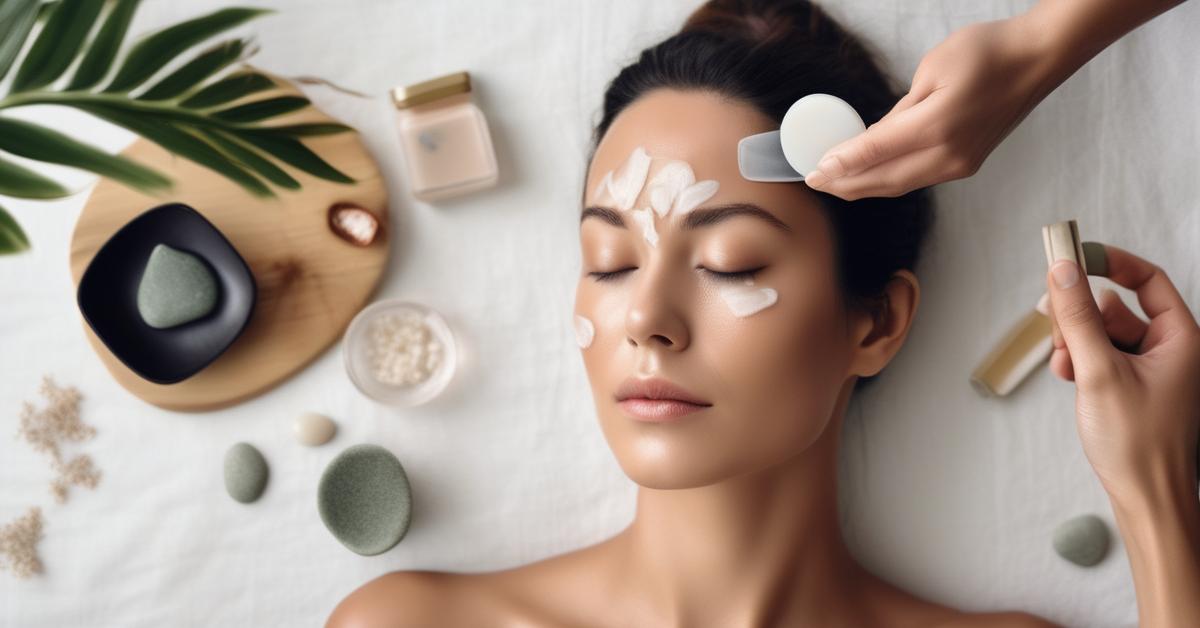 Kobieta używająca narzędzia gua sha na czole w relaksującym otoczeniu spa.