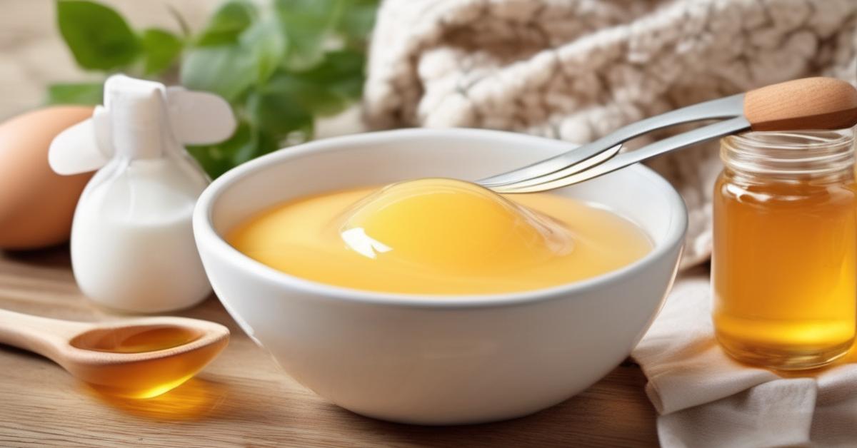 Alt: Przygotowanie domowej maski do włosów z naturalnych składników, takich jak miód, jajka i jogurt.
