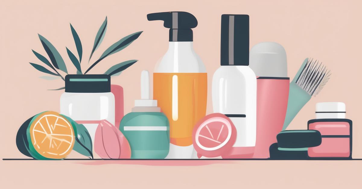 Ilustracja przedstawiająca produkty do pielęgnacji włosów naturalnymi składnikami, w tym szczotka do masażu skóry głowy i olejki eteryczne, w spokojnej, relaksującej scenerii.