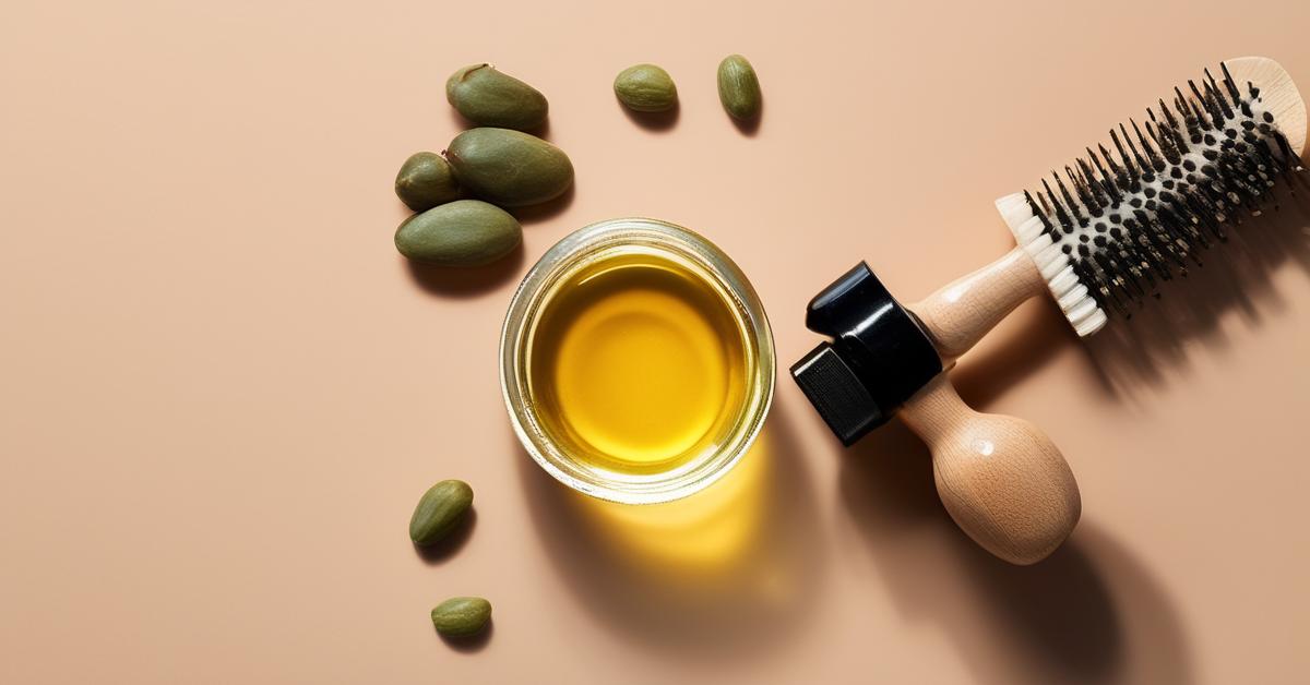 Butelka oleju jojoba obok szczotki do włosów i miseczki z nasionami jojoba.