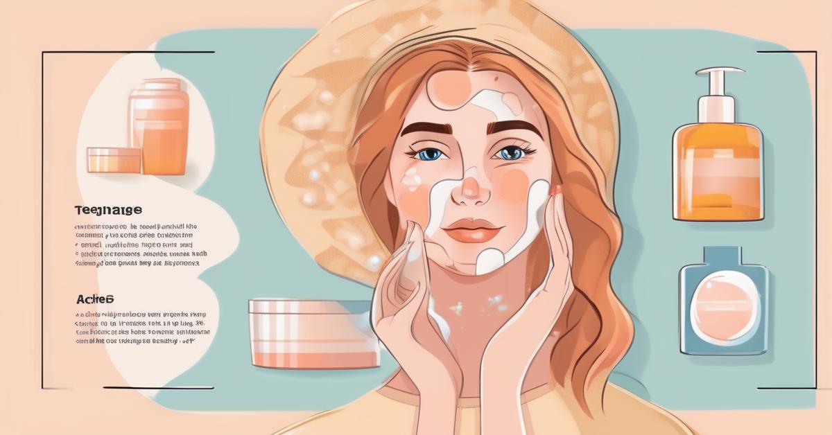 Ilustracja przedstawiająca codzienną rutynę pielęgnacyjną dla skóry trądzikowej, z pokazanymi krokami aplikacji: oczyszczanie, tonizacja, nawilżanie i ochrona przeciwsłoneczna.