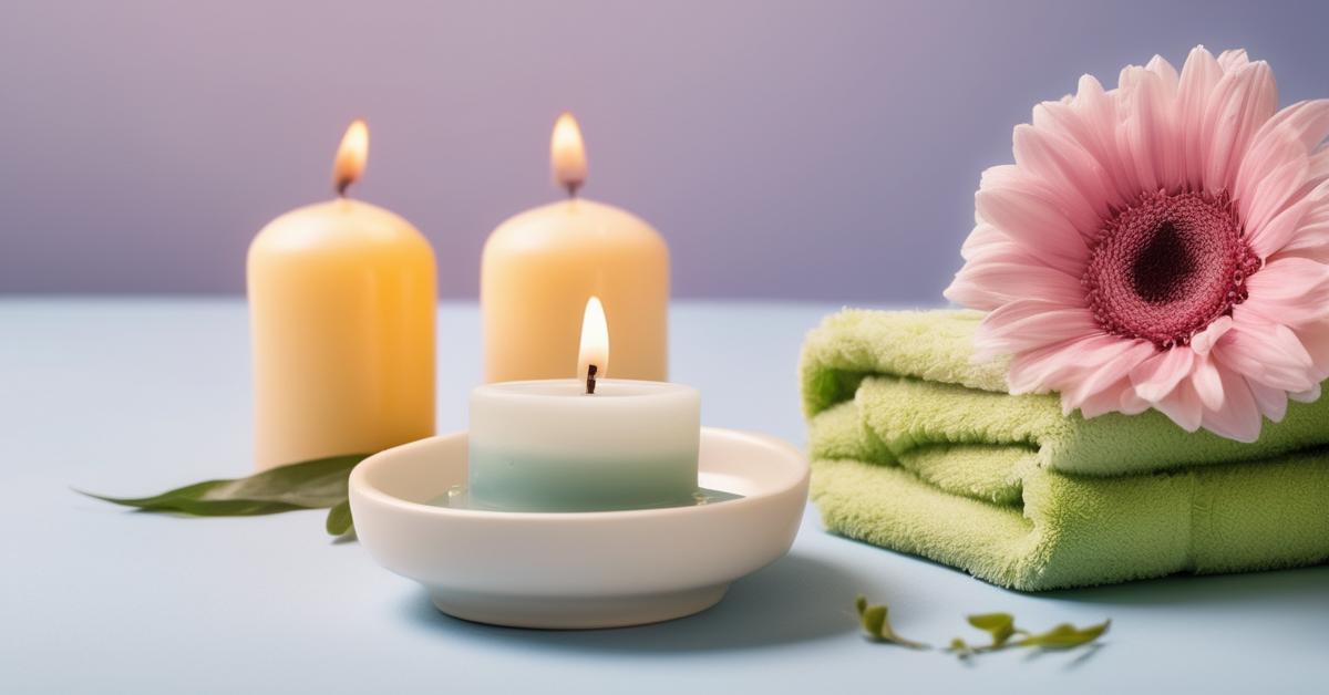 Ciepły okład i lodowy kompres obok małego ręcznika na tle przypominającym spa, z kwiatami i świecami.